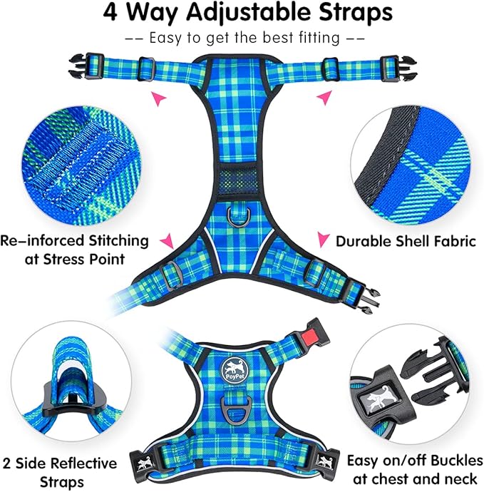 PoyPet No Pull Dog Harness, Reflective Adjustable No Choke Pet Vest with Front & Back 2 Leash Attachments, Soft Control Training Handle for Small Medium Large Dogs(Checkered Blue & Green,L)