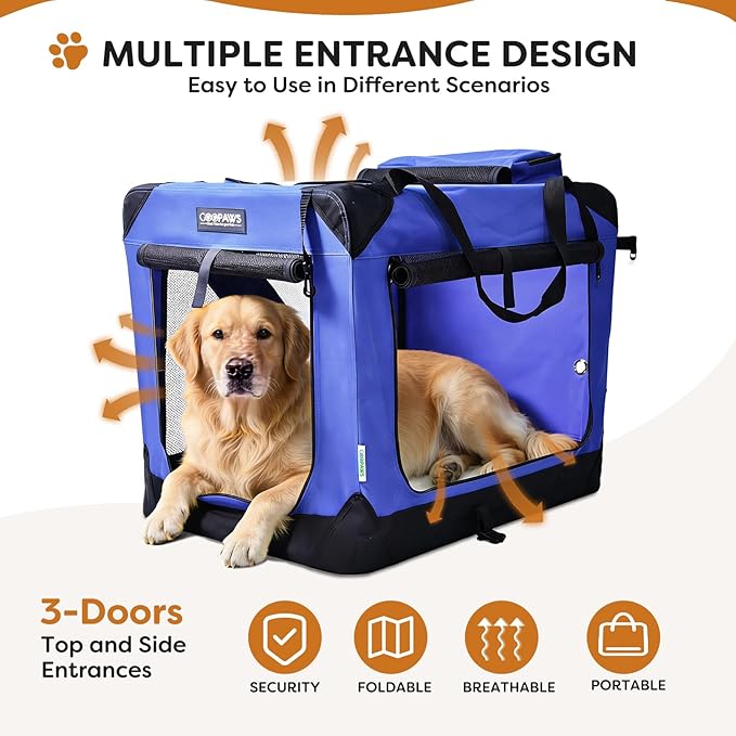 JESPET Soft Dog Crates Kennel for Pets, 3 Door Soft Sided Folding Travel Pet Carrier with Straps and Fleece Mat for Dogs, Cats (Royal Blue, X-Large(36" L x 24" W x 27" H))