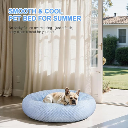 Donut Dog Bed for Small & Medium Dogs - Cooling Pet Bed with Non-Slip Bottom, Summer Comfort Dog Beds for Puppies, Washable & Portable Egg Tart Shape (M)
