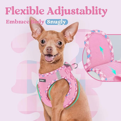 rabbitgoo Small Dog Harness, Step-in Soft Mesh Puppy Vest with Safety Buckle, Breathable Reflective Pet Harness for Small Sized Dogs, Pink & Plaid Trim M