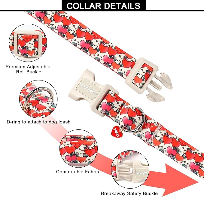 Lionet Paws Valentine's Day Dog Collars- Cute Spring Flowers Beige Dog Collar with Plastic Buckle and Heart Pendant,Dog Collar for Medium Large Dogs