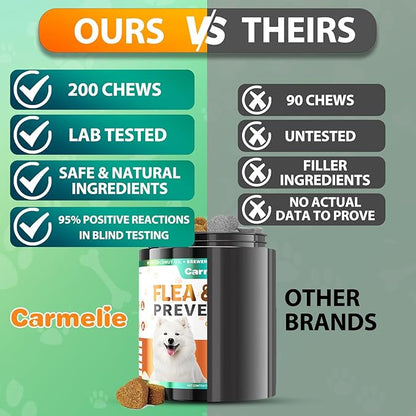 Carmelie Flea and Tick Prevention for Dogs Chewables - 200 Soft Chews Natural Dog Flea and Tick Chewables, Oral Flea Supplement for Dogs, Puppy Flea Support - All Breeds & Ages - Chicken Flavor