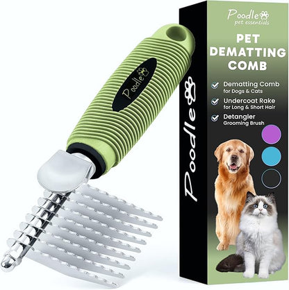 Poodle Dematting Fur Rake Comb Brush for Dogs and Cats - Long 2.5" Steel Safety Blades Metal Comb for Detangling Matted or Knotted Undercoat Hair (Green)