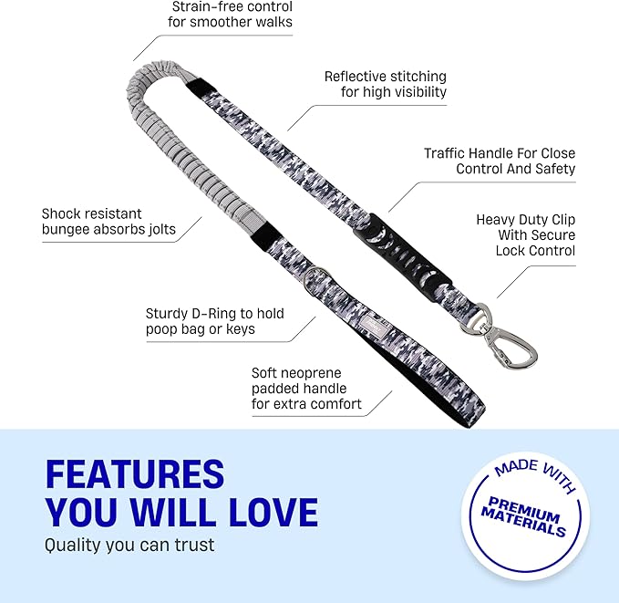 DF Co. Bungee Dog Leash | Strain Free & Shock Resistant for Control | Neoprene Padded Handle, Heavy-Duty Carabiner Clip, and D-Ring | Grey Camo, Size Small
