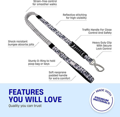 DF Co. Bungee Dog Leash | Strain Free & Shock Resistant for Control | Neoprene Padded Handle, Heavy-Duty Carabiner Clip, and D-Ring | Grey Camo, Size Small
