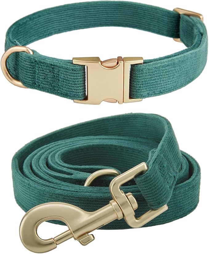 Ewinoom Soft Corduroy Dog Collar and Leash Set Adjustable Durable Dog Collars with Metal Buckle and Lead for Large Dogs,Dark Green