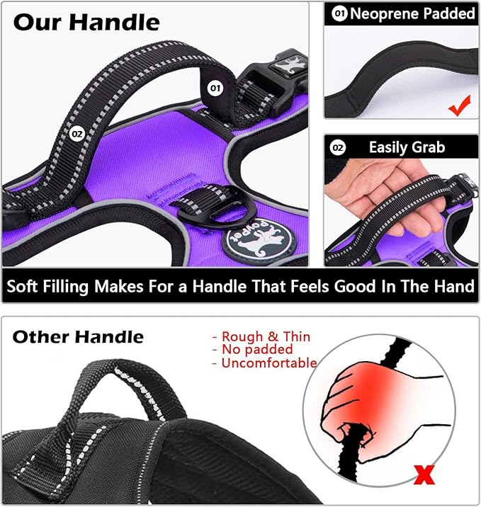 PoyPet Dog Harness and Leash Combo, Escape Proof No Pull Vest Harness, with 5 Feet Leash, Reflective Adjustable Soft Padded Pet Harness with Handle for Small to Large Dogs(Purple,L)