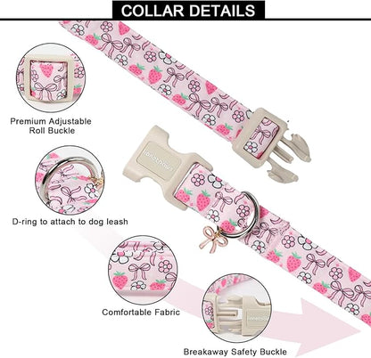 Lionet Paws Spring Dog Collar- Cute Strawberry Pink Dogs Collar with Plastic Buckle and Bowtie Pendant,Dog Collar for Medium Large Dogs