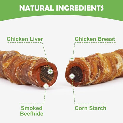 MON2SUN Dog Treats 5 Inch Chicken Wrapped Smoked Stuffed Rawhide Rolls with Chicken Liver, Rawhide Chews for Small and Medium Dogs, 21.2 oz (12 Count)