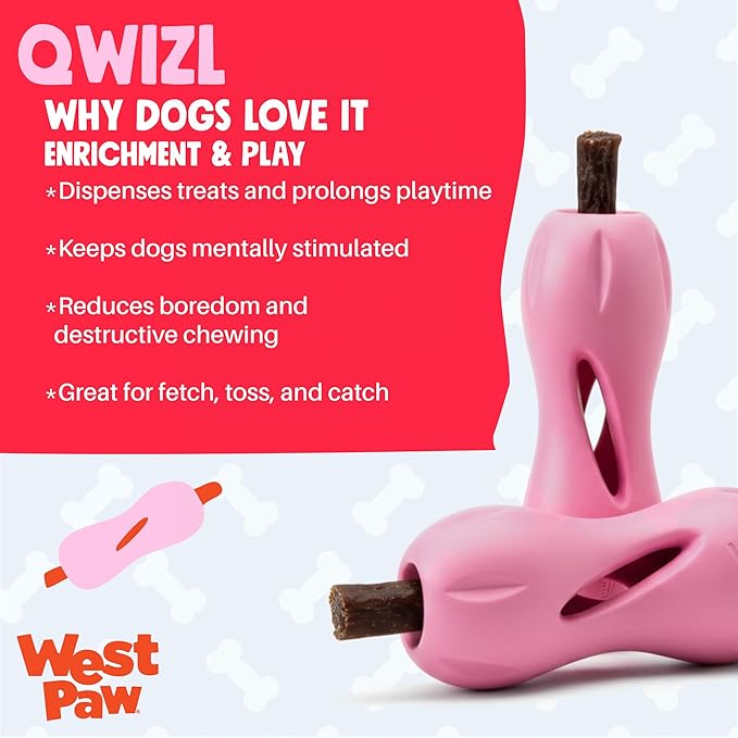 WEST PAW Zogoflex Qwizl Dog Puzzle Treat Toy – Interactive Chewing for Dogs – Dispenses Pet Treats – Brightly-Colored Dog Enrichment Toy for Aggressive Chewers, Fetch, Catch, Large 6.5", Bubblegum