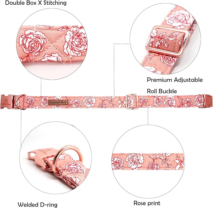 Lionheart glory Valentine's Day Collar, Pink Roses Print Dog Collar for Large Cute Dog Collars Spring Female Pet Gift Adjustable Heavy-Duty Dog Collar Holiday