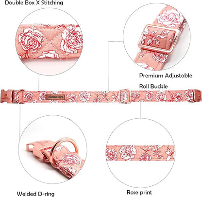Lionheart glory Valentine's Day Collar, Pink Roses Print Dog Collar for Large Cute Dog Collars Spring Female Pet Gift Adjustable Heavy-Duty Dog Collar Holiday