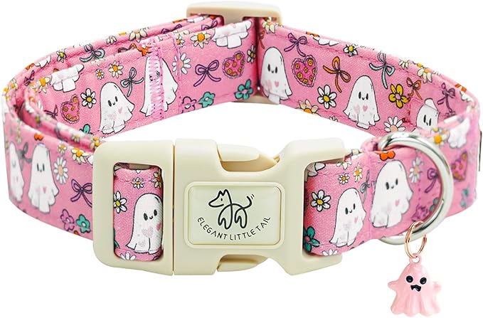 Elegant little tail Halloween Dog Collar, Ghosts Print Pink Halloween Pet Collars Cotton Soft Sturdy Puppy Collars Holiday Female Adjustable Collar for Small Dogs