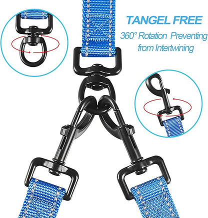 PetBonus Double Dog Leash, No Tangle Dual Leash, Reflective Walking Training Lead, 4 Comfortable Padded Handles for 2 Dogs with Collapsible Bowl and Waste Bags (Blue, Large)