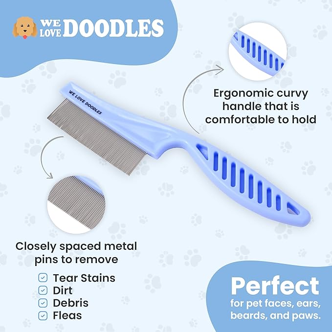Dog Face Comb, Flea Comb for Dogs, Fine Tooth Tear Stain Remover Metal Comb, Removes Crust, Mucus, and Stains, Face Brush for Poodles & Other Breeds, Grooming Brush for Pets, Small [We Love Doodles]