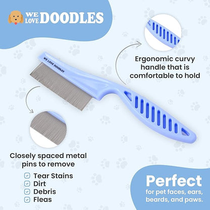 Dog Face Comb, Flea Comb for Dogs, Fine Tooth Tear Stain Remover Metal Comb, Removes Crust, Mucus, and Stains, Face Brush for Poodles & Other Breeds, Grooming Brush for Pets, Small [We Love Doodles]