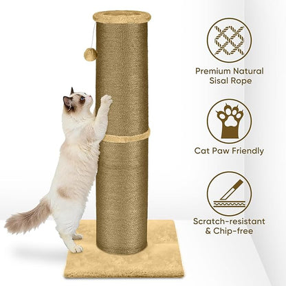PAWSCRAT Cat Scratching Post 32 Inch High, 5.5 Inch Large Diameter Natural Sisal Cat Scratch Post, Scratch-Resistant and Durable Tall Cat Scratcher for Indoor Cats, Protect Your Furniture, Yellow