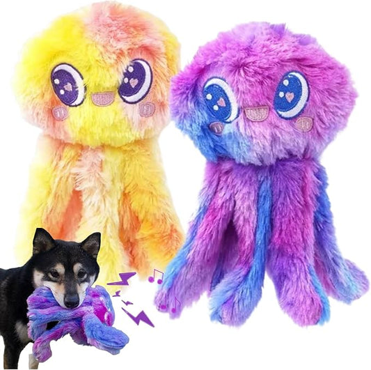 Clairooo Squeaky Dog Toys, Rainbow Crinkle Octopus, Plush Dog Toys for Chewing, Interactive, Soft Fabric for Small, Medium & Large Dogs, Daily Companionship, Training Reward, (Yellow)