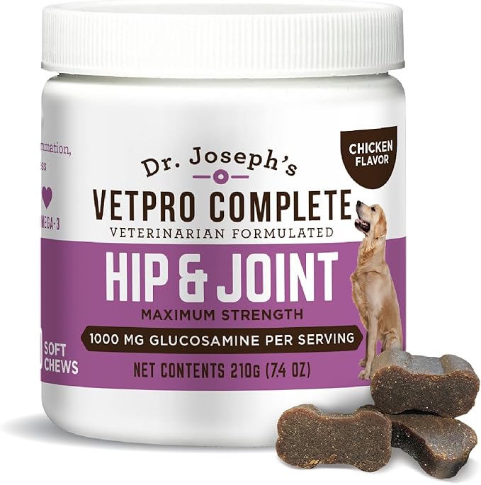 Dr. Joseph's VetPro Complete Dog Hip & Joint Supplement for Arthritis Pain Relief – High-Strength Glucosamine & Chondroitin Chews for Senior Dogs – Vet Formulated Daily Treats, Chicken Flavor, 60 Ct