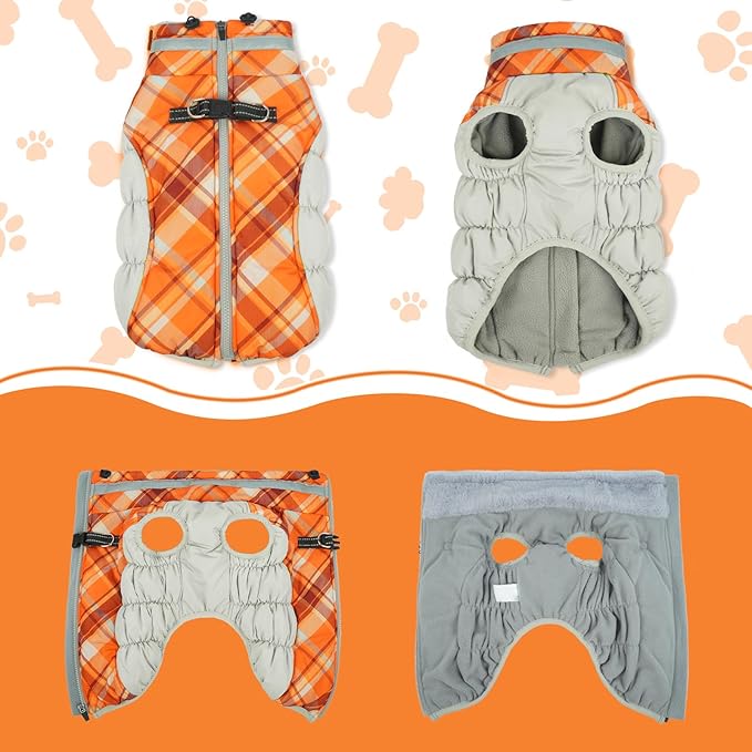 Lelepet Warm Dog Winter Coat Dog Coats for Large Dogs Waterproof Dogs Jacket with Harness Built in Reflective Cold Weather Coats Windproof Zip-Up Winter Fleece Vest Snowsuit Boxer Orange Plaid XL