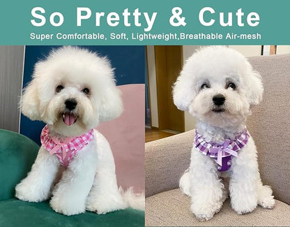 SuperBuddy Upgraded Soft Mesh Dog Harness, Super Breathable Lightweight Pet Harnesses for Puppy Dogs Outdoor Walking, Pink and Purple Dog Harness Set Packing -Medium