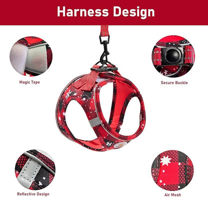 Hipubby Christmas Dog Harness and Leash Set, No Pull Soft Mesh Puppy Harness for Small Medium Dogs, Cats - Step in Reflective Vest Harness for Walking, Training - Christmas Red, XS