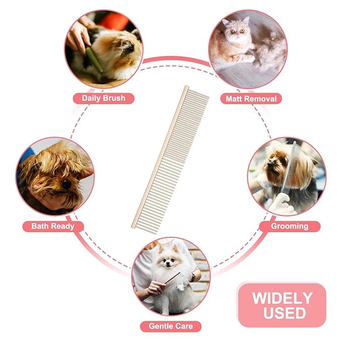 PETAXCELL Dog Cat Comb, Pet Combs Stainless Steel Teeth with Rounded Ends for Knots Mats Loose Hair Removal, 7.5IN (Gold Coated, 3 Pack), Grooming Tool Intended for Long Curly Hair Pet