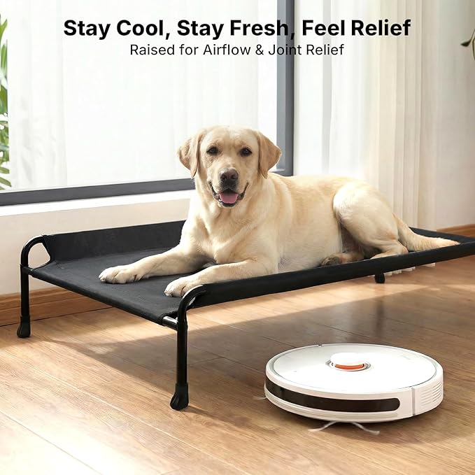 Veehoo Outdoor Elevated Dog Bed, Extra Large Raised Dog Bed with Headrest Sides, Washable Cooling Dog Cot with Non-Skid Feet, Breathable Mesh, Pet Hammock for Indoor or Camping, 47", Black
