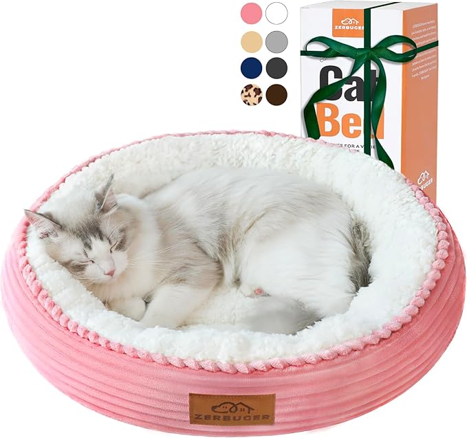 Zerbuger 20in Washable Cat Beds for Indoor Cats - Round Donut Pet Bed for Cats, Small Dogs, Puppy, Kitten - Anti-Slip Bottom, Calming Bed Gift - Pink
