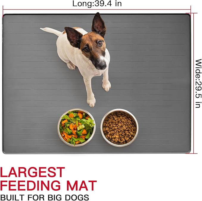 39.4"x29.5" Largest Pet Food Mat, Silicone Dog Mats for Food and Water, Nonslip Pet Feeding Mats for Floors,Dog Cat Bowl Mat with Raised Edges, Gray White
