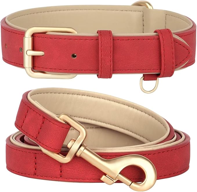 Beirui Soft Padded PU Leather Dog Collar and Leash Set, Durable Dog Leash and Collar Set with Metal Buckle, Breathable Pet Collars with 4FT Leash for Small Dogs（Red, Neck 11-15"