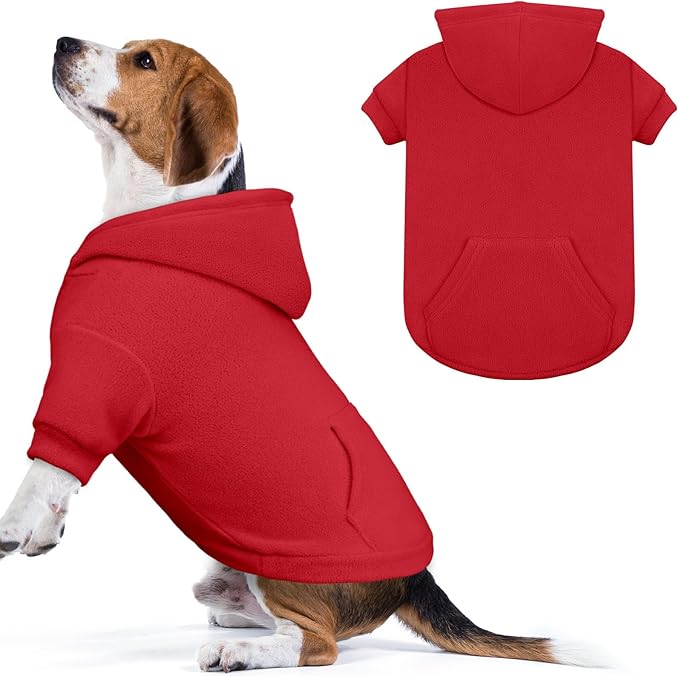 Dog Sweaters for Large Dogs,Dog Hoodie,Warm Fleece Sweatshirt with Hood & Pocket,Leash Hole,Cozy Cold Weather Pet Clothes Sweater Hoodie for Large Dogs(Red,L)