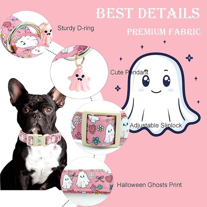Elegant little tail Halloween Dog Collar, Ghost Print Pink Halloween Pet Collars Cotton Soft Sturdy Puppy Collars Holiday Female Adjustable Collar for X-Small Puppy