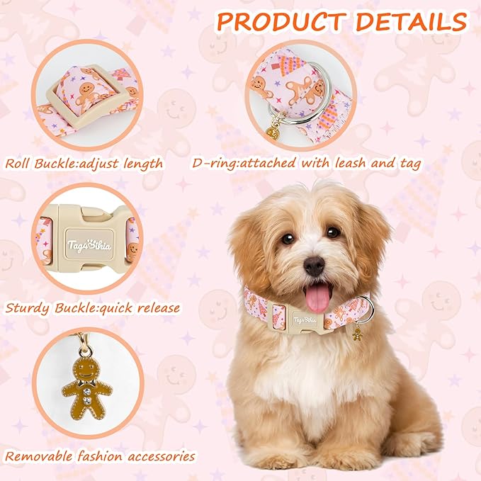 Christmas Dog Collar for Small Dogs, Adjustable Pink Small Dog Collars with Christmas Gingerbread Man Cartoon Pattern, Winter Holiday Pet Gift for Girl Boy Dogs-S