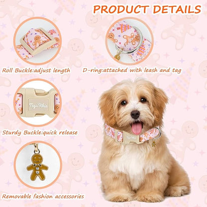 Christmas Dog Collar for Small Dogs, Adjustable Pink Small Dog Collars with Christmas Gingerbread Man Cartoon Pattern, Winter Holiday Pet Gift for Girl Boy Dogs-S