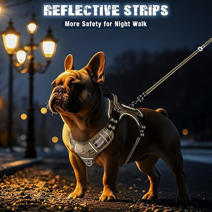 MOOGROU Tactical Dog Harness and Leash Set Small Sized Dog,Heavy Duty No Pull Service Dog Vest and 10 Patches with Dog Seat Belt,Reflective Adjustable Pet Harness for Training Walking Hiking Camo S