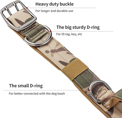 Annchwool Tactical Dog Collar for Medium and Large Dog,Adjustable Military Dog Collar with Soft Padded Handle,Heavy Duty Double Buckle Design(Green Camo,XL)