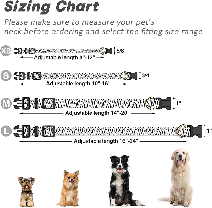 Reflective Dog Collar for Small Dogs Cats, Cute Boho Adjustable Heavy-Duty Nylon Puppy Collar for Boy and Girl Female, Soft Pet Accessories with Quick Release Buckle, Stylish Zebra Print