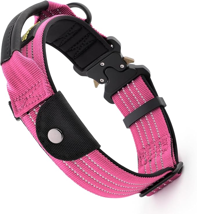 Plutus Pet Tactical Dog Collar with Tracker Pocket for AirTag, Adjustable Reflective Nylon Collar, Metal Buckle, Leather-Wrapped Handle, Soft Padded for Medium Large Dogs (Pink, S)
