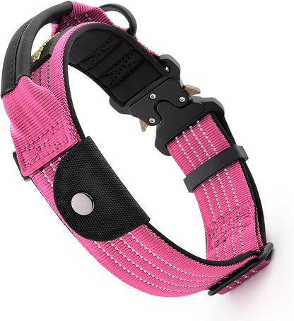 Plutus Pet Tactical Dog Collar with Tracker Pocket for AirTag, Adjustable Reflective Nylon Collar, Metal Buckle, Leather-Wrapped Handle, Soft Padded for Medium Large Dogs (Pink, L)