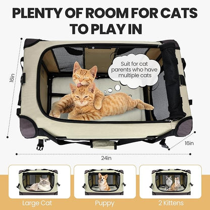 PEGIC Large Cat Carrier for Car Travel, Soft Sided Collapsible Pet Carrier for Outdoor and Indoor Uses, Roomy Extra Large Cat Carrier for 2 Kittens or Puppies Up to 50lbs (Brown)
