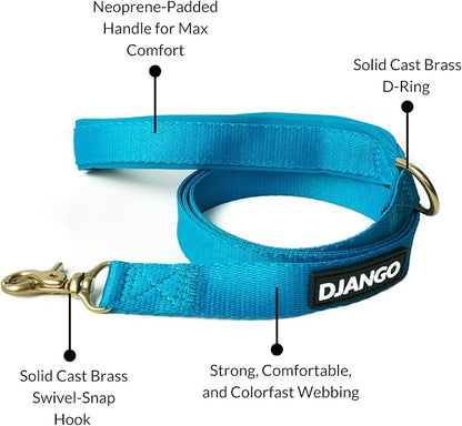 DJANGO Adventure Dog Leash – Strong, Comfortable, and Stylish Dog Leash with Solid Brass Hardware and Padded Handle - Designed for Outdoor Adventures and Everyday Use (Pacific Blue)