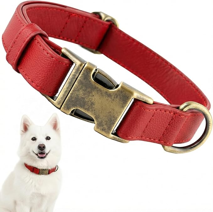 Dog Collars for Large Dogs Silicone Leather Dog Collars Soft Flexible Waterproof Odor-Proof Durable Thick Classic Adjustable Pet Puppy Collar (Red, Large (14.5-24" Neck))