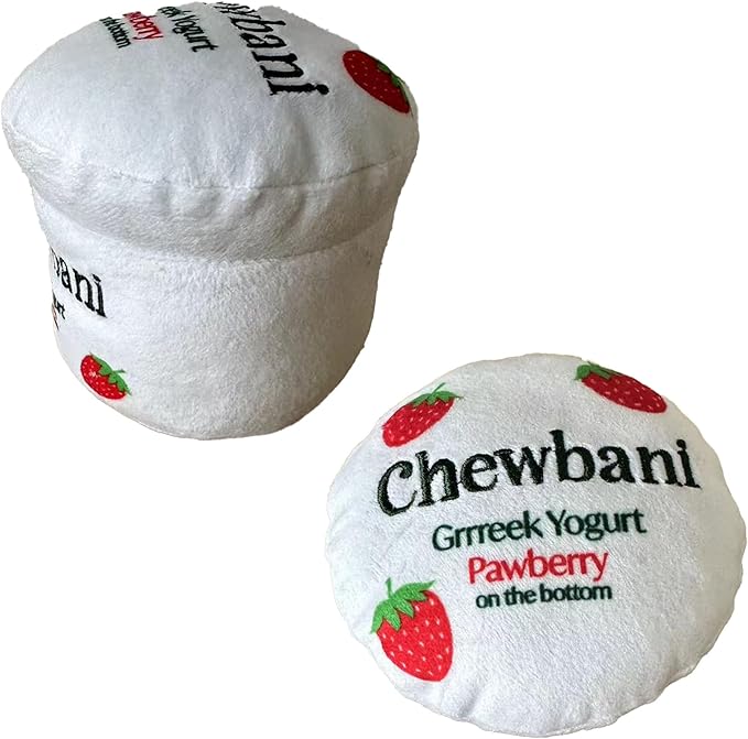 Chomp Haus Chewbani Grrreek Yogurt – Luxurious Plush Dog Toy with Squeaker, Premium Fabric, Embroidered Details, Designer-Inspired Chew Toy, Fun Gift for Small to Medium Dogs & Dog Lovers