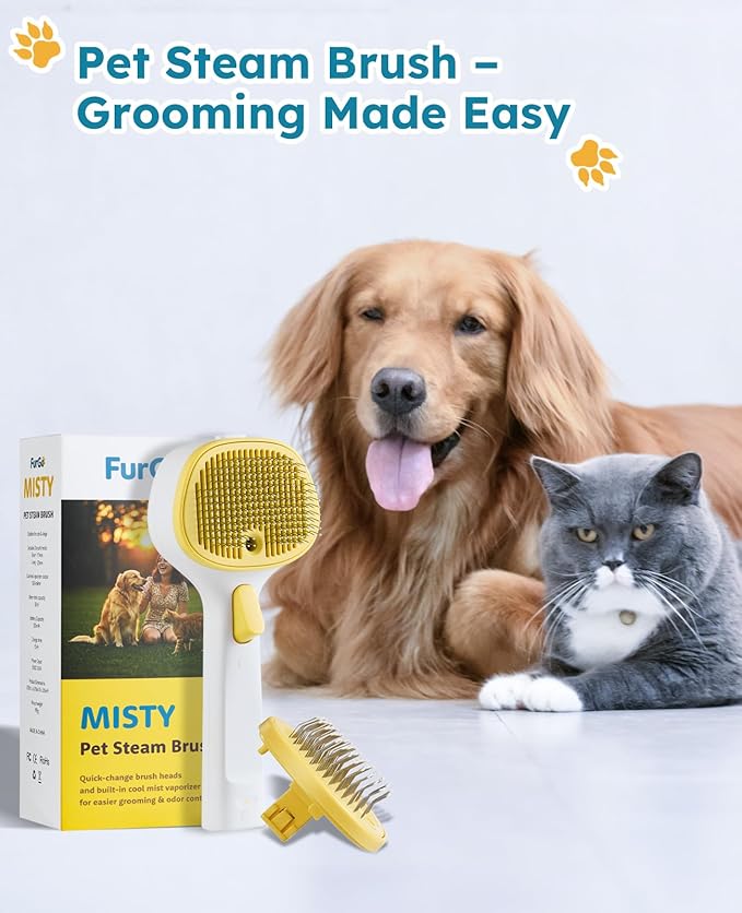 Cat Steam Brush for Cats & Dogs, Pet Steam Brush 3-in-1 with 2 Mist Modes, One-Touch Self Cleaning, Magnetic Safe Charging, Cat Hair Brush for Shedding, Dog Brush for Shedding, Yellow (Long Head)
