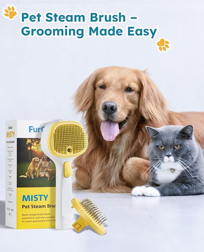 Cat Steam Brush for Cats & Dogs, Pet Steam Brush 3-in-1 with 2 Mist Modes, One-Touch Self Cleaning, Magnetic Safe Charging, Cat Hair Brush for Shedding, Dog Brush for Shedding, Yellow (Long Head)