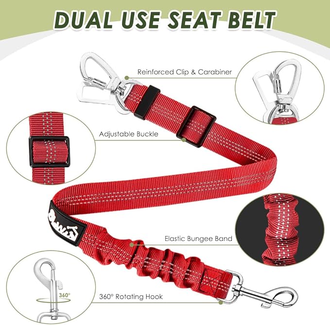 SlowTon Dog Seatbelt, 2 Pack Dog Seat Belt Car Leash Adjustable Elastic Bungee Buffer Heavy Duty Nylon Reflective Pet Safety Tether Connect to Dog Harness for Travel Riding in Vehicle (Daul Clip, R)