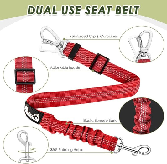 SlowTon Dog Seatbelt, 2 Pack Dog Seat Belt Car Leash Adjustable Elastic Bungee Buffer Heavy Duty Nylon Reflective Pet Safety Tether Connect to Dog Harness for Travel Riding in Vehicle (Daul Clip, R)