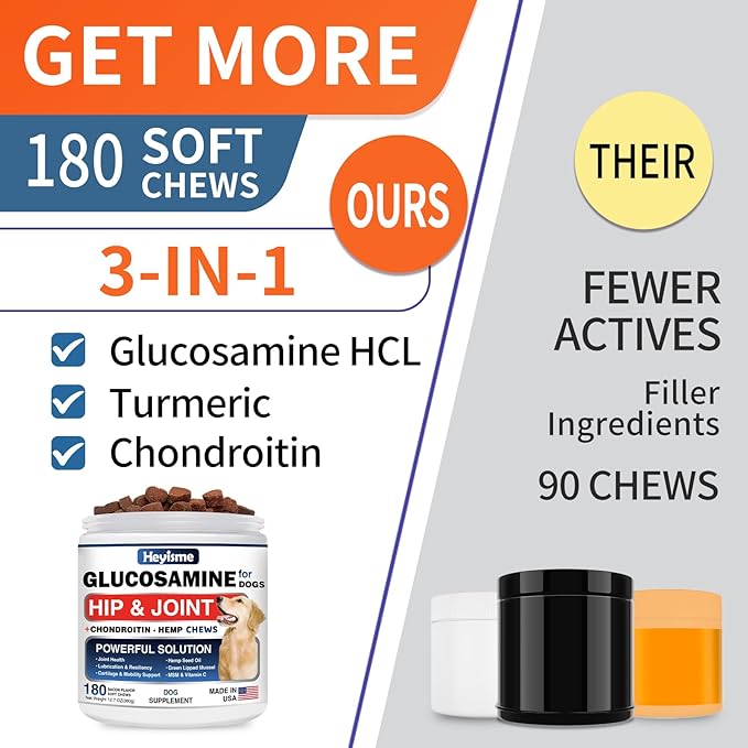 HEYISME Glucosamine for Dogs, 180 Chews Hip and Joint Supplement for Dogs, Glucosamine Chondroitin, MSM Hemp Dog Joint Pain Relief, Dog Joint Supplement Health Mobility Support (180 Chews, Bacon)