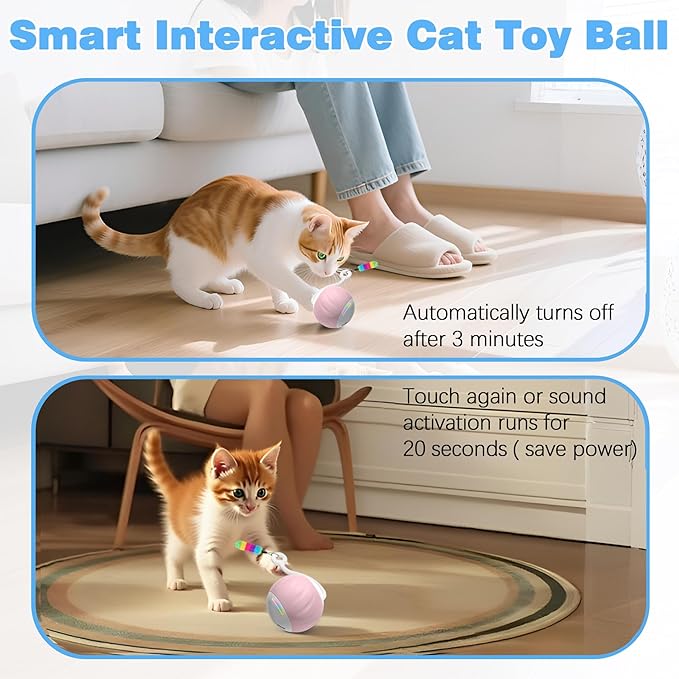Interactive Cat Toy for Indoor (Sounds&Touch Control) Smart Cat Toys-Automatic Moving Cat Ball Toy-Fast Slow 2Speed with Feathers Tail&Lights for Kittens,Older Cats,Bored Cats,Ferret,USB Rechargeable